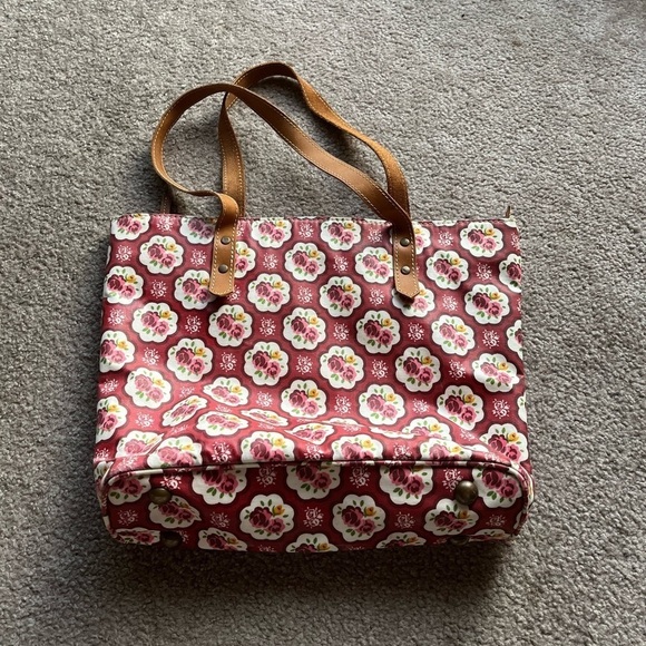 Vliving Red Rose Shabby Chic Leather Trim Tote Purse - Picture 1 of 9